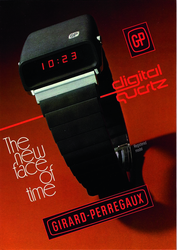 ป้ายโฆษณานาฬิกา Digital Quartz ของ Girard-Perregaux หรือที่แฟนๆ นาฬิกาเรียกขานด้วยชื่อเล่น 'Casquette' เดือนมีนาคม 1976