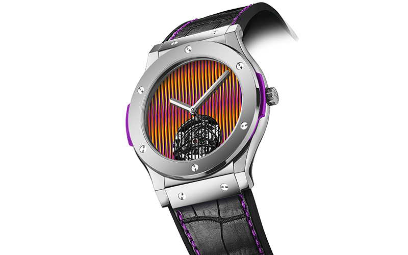 Hublot Classic Fusion Tourbillon Cruz-Diez with platinum bezel and purple composite bezel lug Hublot Classic Fusion Tourbillon Cruz-Diez with platinum bezel and purple composite bezel lug