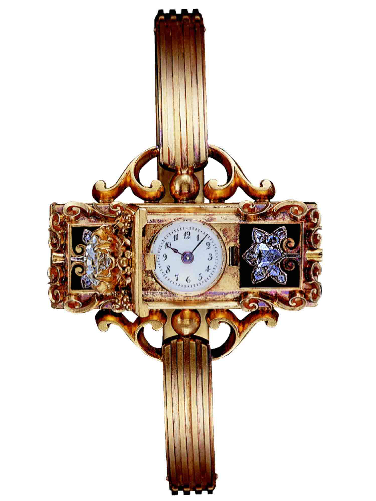 Patek Philippe developed their first wristwatch as early as 1868 for the Countess Koscowicz of Hungary. Both refined and practical for that time, the watch No. 27368 boasts a yellow gold hunter type case, hinged back. and was enhanced with enamel in black and rose-cut diamond setting.
