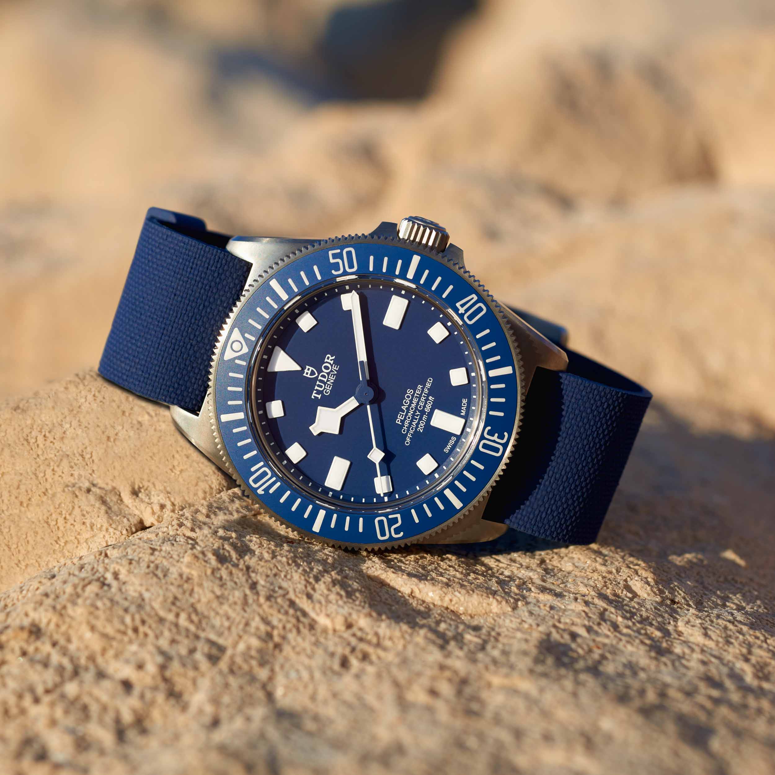 Tudor Pelagos FXD on the navy blue rubber strap with woven motif and titanium buckle