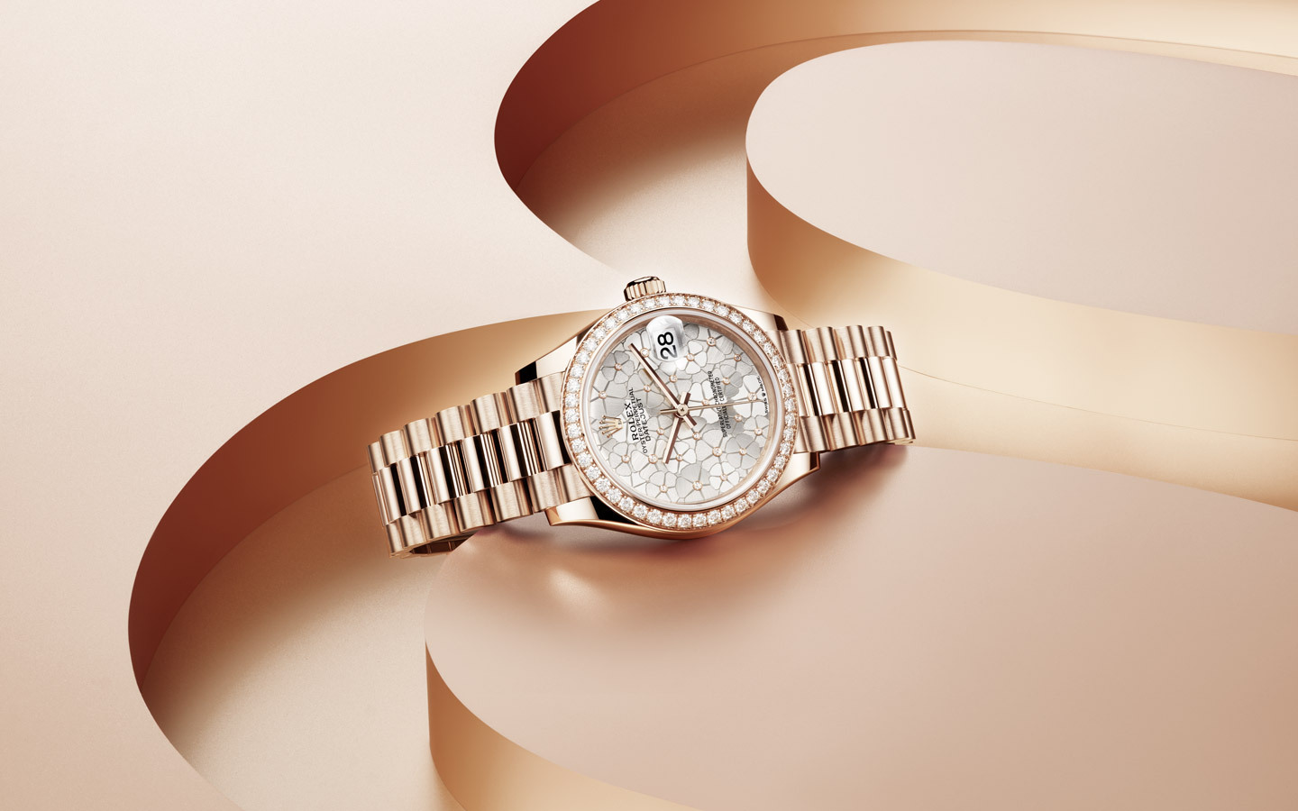 Datejust 31 in Oystersteel and Everose gold with floral motif dial and diamond bezel