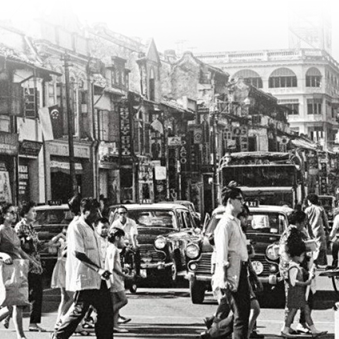 Black and white image of North Bridge Rd Singapore in 1950s